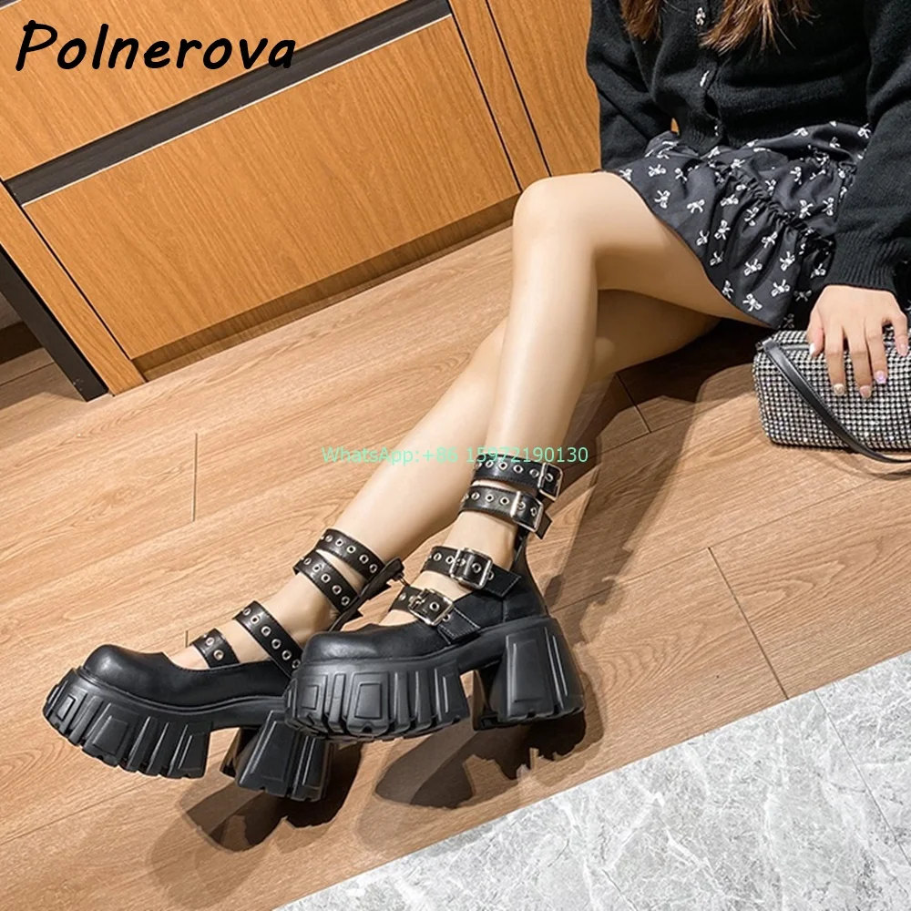 Black Leather Hollow Mary Jane Pumps Round Toe Buckle Strap Platform Chunky Heels Boots Dark Punk Cool Girls High Increase Shoes