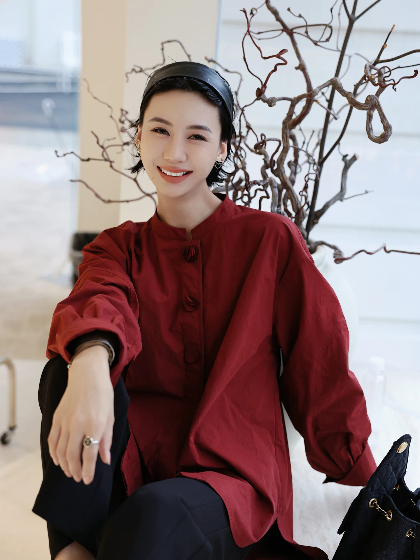 

Red Wine Color Pure Cotton Long Sve round Ne irt Women's Spring Autumn Loose Fit TT New 2026 Faion irt