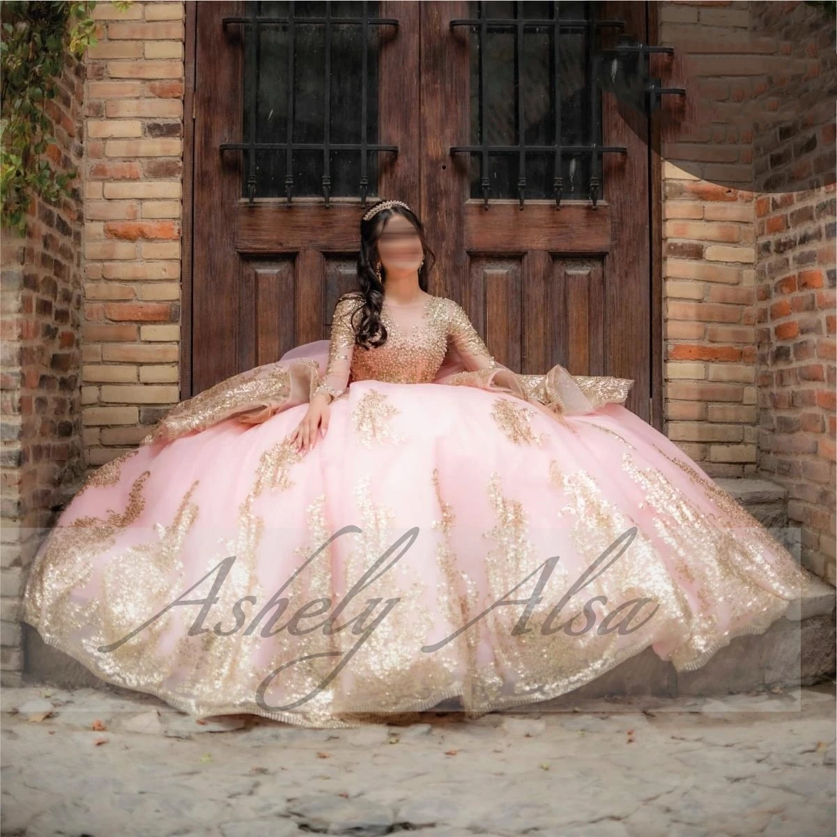 Customized Pink Gold Women Party Dresses V Neck Lace Applique Ball Gown Vestido De xv Quinceanera Dress Party Prom Wear 15 16