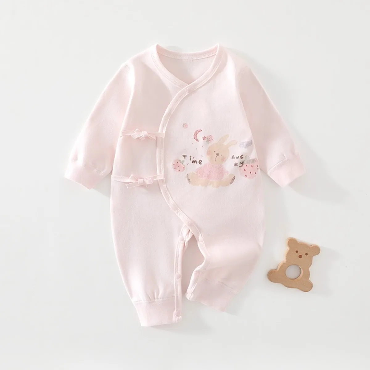 100% Cotton Newborn Baby Romper with Adjustable Side Ties & Ribbed Cuffs Soft Breathable Unisex Onesie for Spring Autumn 0-6M