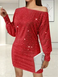 European and American summer sequin dress oblique shoulder sexy sequin long sleeve party dinner dress