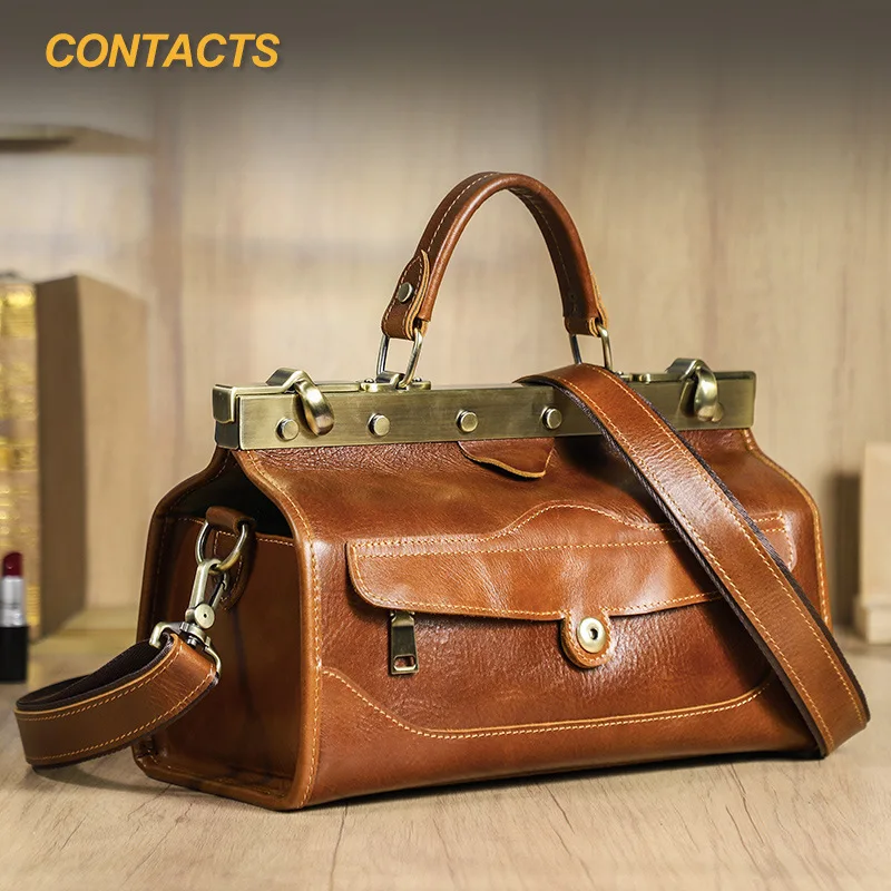 Bolso de Mano de Cuero de Cordero de Grano Completo para Mujer con Múltiples Compartimentos, Cierre de Herrajes de Lujo, Bolso Cruzado de Cuero Genuino