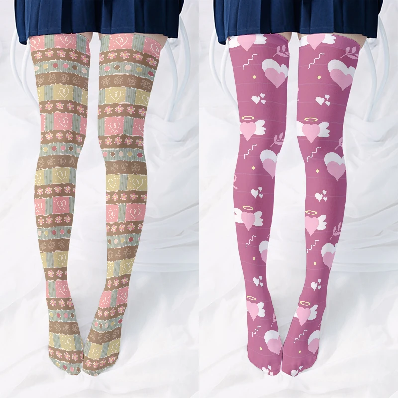 Summer ladies sexy stockings new design flower striped printing pink, white and yellow over-the-knee socks cute sweet girl Loli