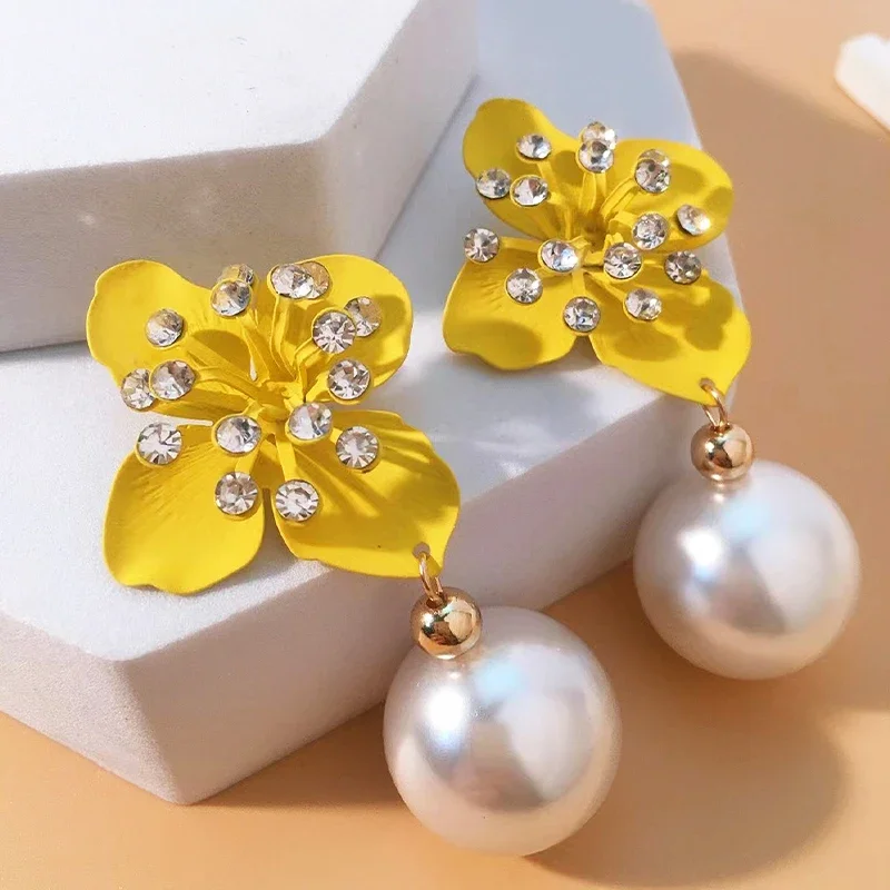 

New Trendy Simple Enamel Floral Earrings for Women Elegant Multicolor Pearl Pendant Dangle Earrings Jewelry Gifts