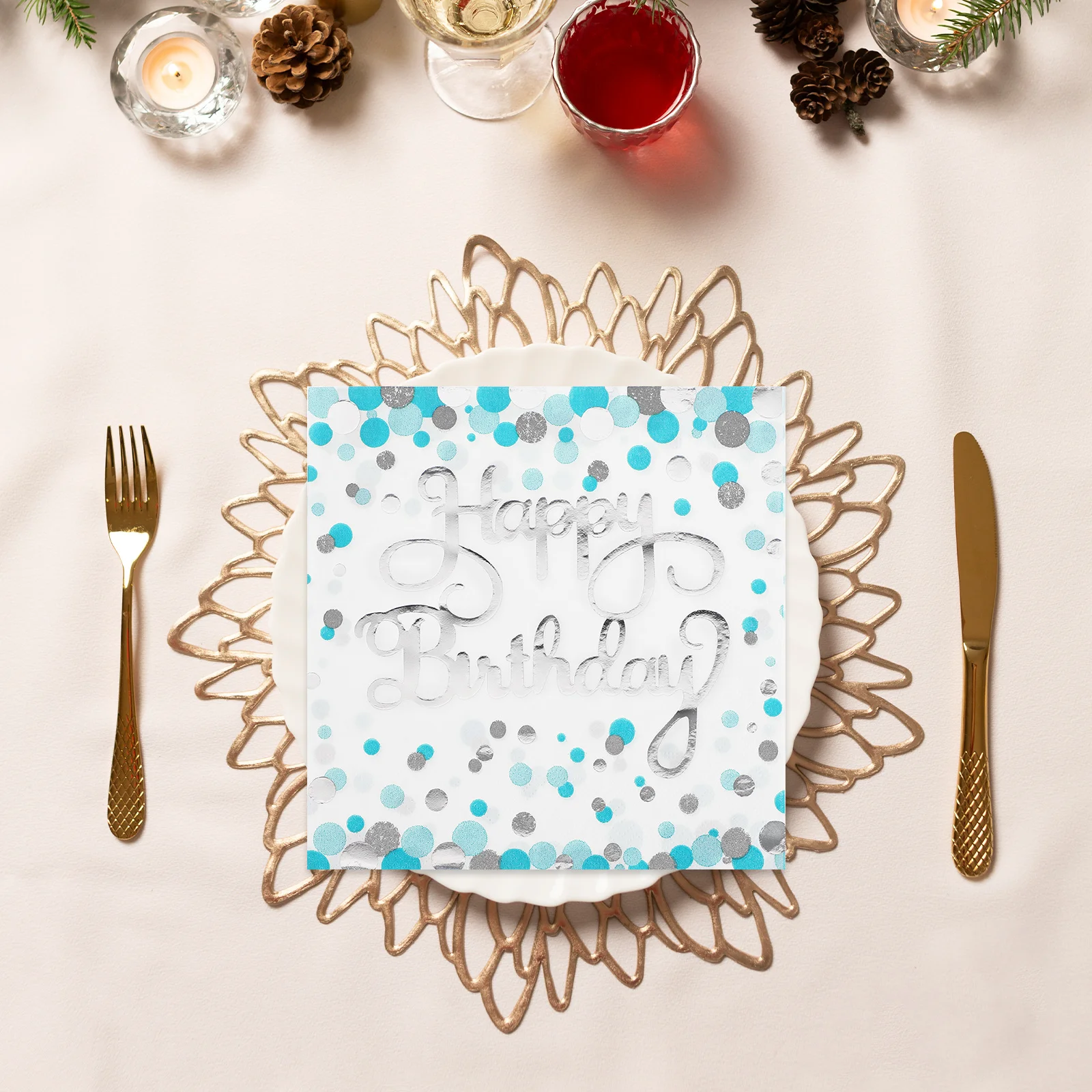 Servilletas plateadas con puntos azules, suministros para fiesta de cumpleaños, servilletas desechables de mesa para bebidas y cócteles, 40 Uds.