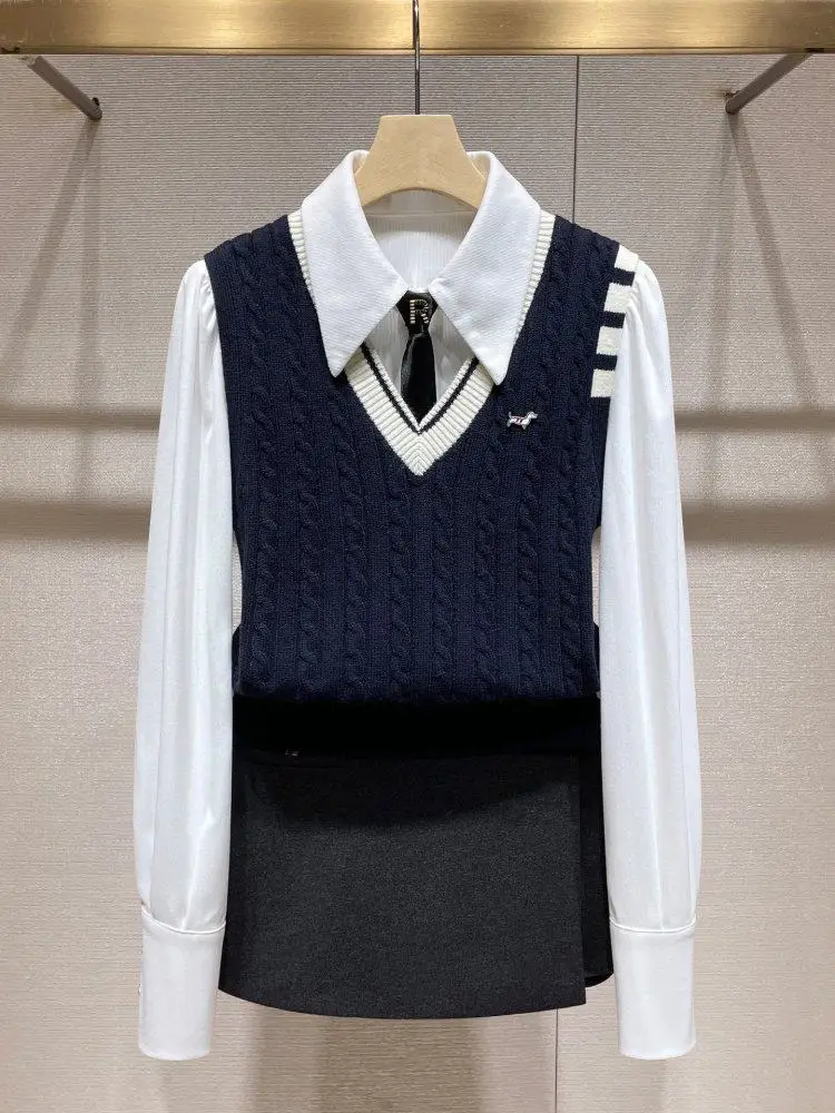 

Faionable College Sle Women's Ensemble irt Vest Skirt Spring New Arrival High Waist Button up Long Sve Casual Wear