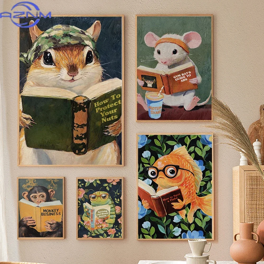 Art mural amusant avec des singes, écureuils, libellules et poissons, impression animale amusante pour la salle de bain, le bureau, la décoration murale, cadeaux pour les amateurs d'humour
