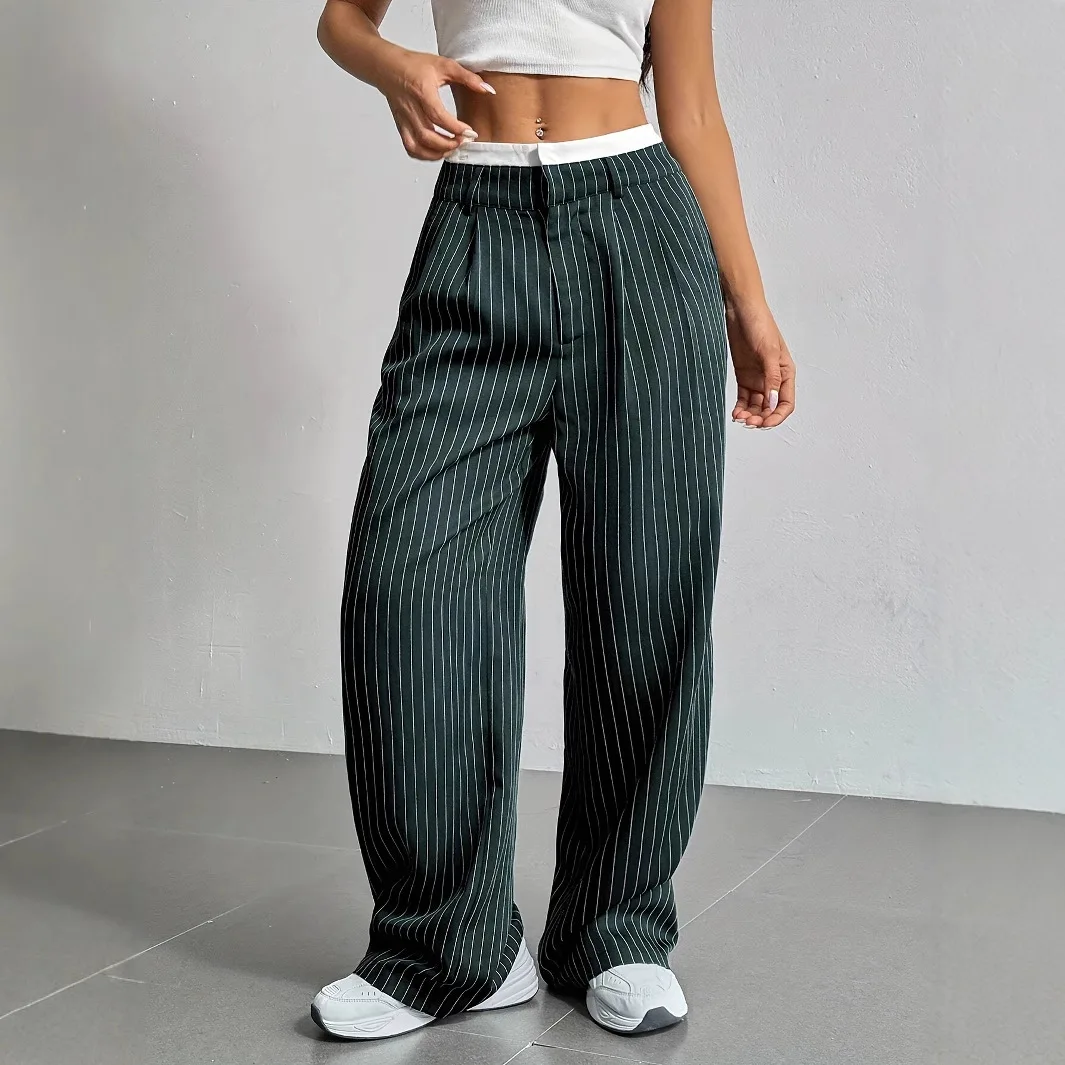 Fashion Pants Women's Stripe Straight Pants 2024 Autumn Winter High Waisted Casual Suit Pants Office Lady Women Trousers Bottoms