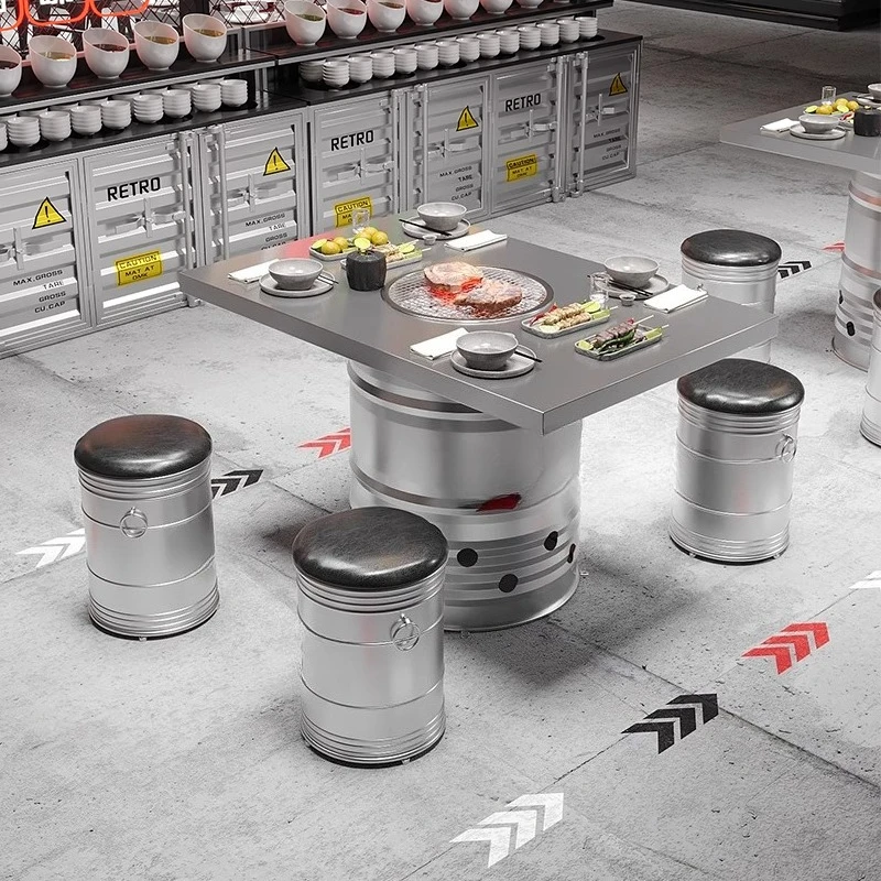 

Table and chair combination barbecue stainless steel string incense round table hot pot induction cooker commercial combination