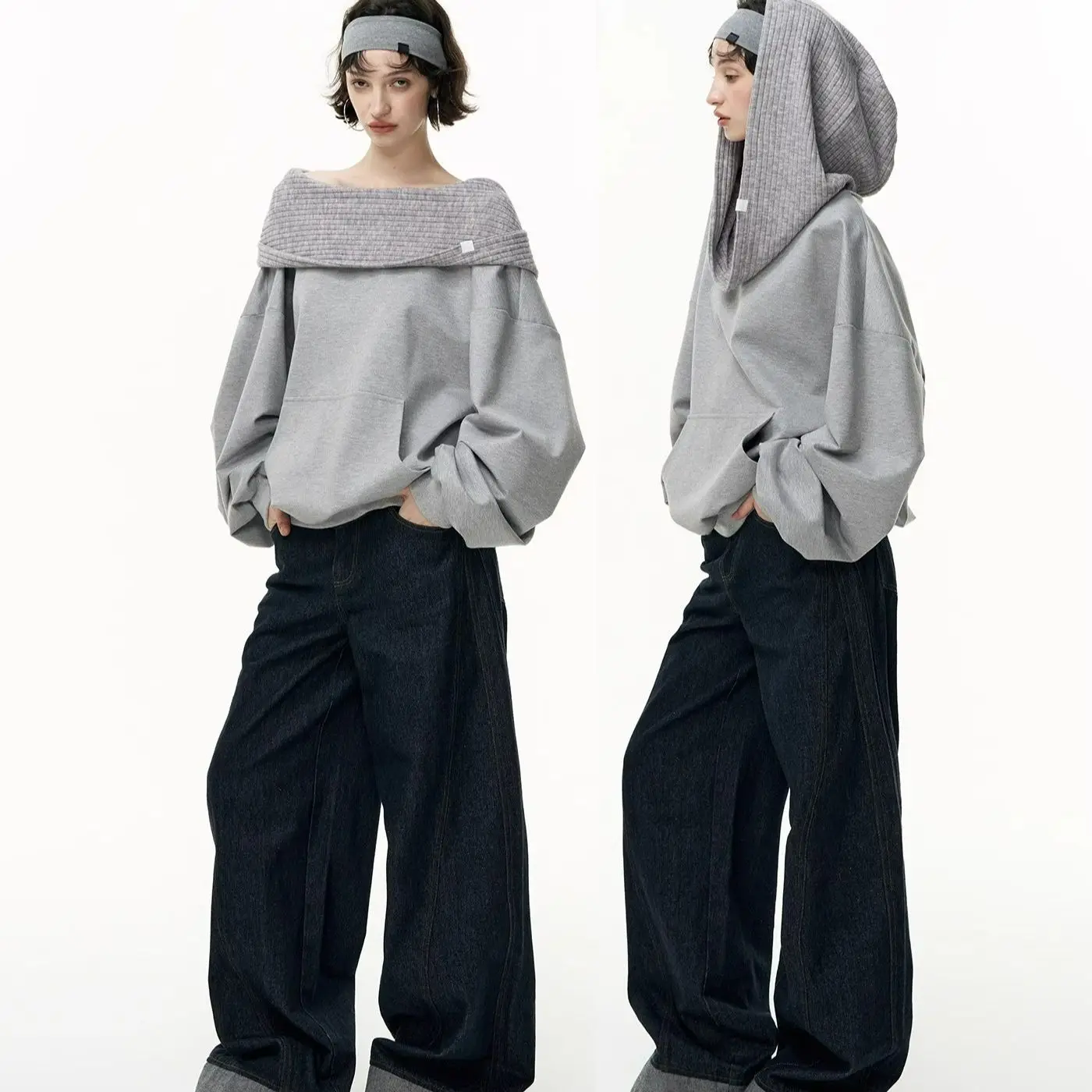 سترة نسائية بغطاء للرأس بدون أكتاف - بلوفر غير متماثل برقبة قارب، بلوزة Y2K فضفاضة بقلنسوة، بلوزة خريفية عصرية بكتف بارد