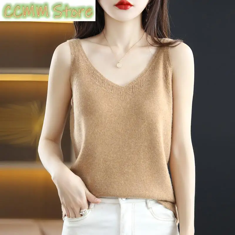 

Hot Sale Summer New T-Shirt Sling Cashmere Knit Solid Color Sleeveless Women's Wool Sling Cropped Pullover promotion