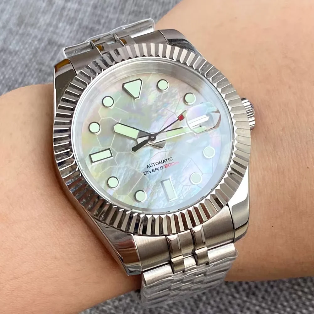 Tandorio 36mm/39mm Sapphire Glass NH35A Automatic Men Wristwatch Luminous Fluted Bezel Date Mother of Pearl Dial Screwdown Crown