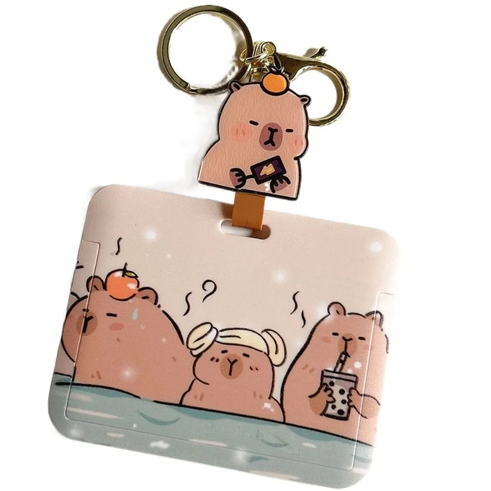 Sliding Retractable Rope Capybara Card Holder Waterproof Cartoon Printed Card Case Elastic Badge Sleeve