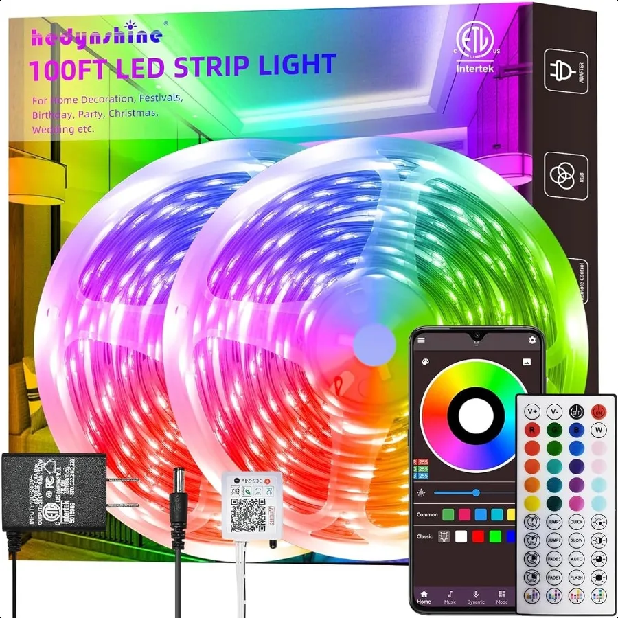 

100Ft Smart LED Strip Lights Dimmable Color Changing by APP and 40Key Controller Indoor led Strip Lights Sync to Music led Ligh