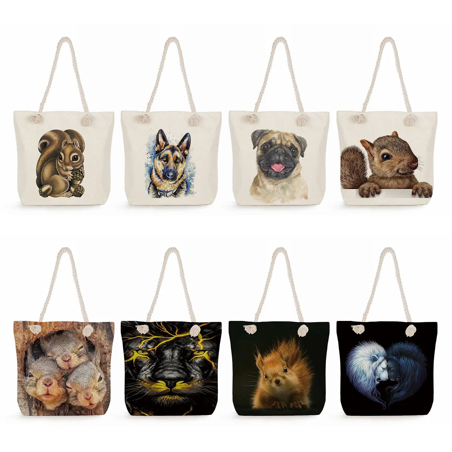 Cute Animal Traveling Beach Bags Squirrel Tote Bags Shopping Bags Puppy Face Printing Handbags For Women Casual High Capacity