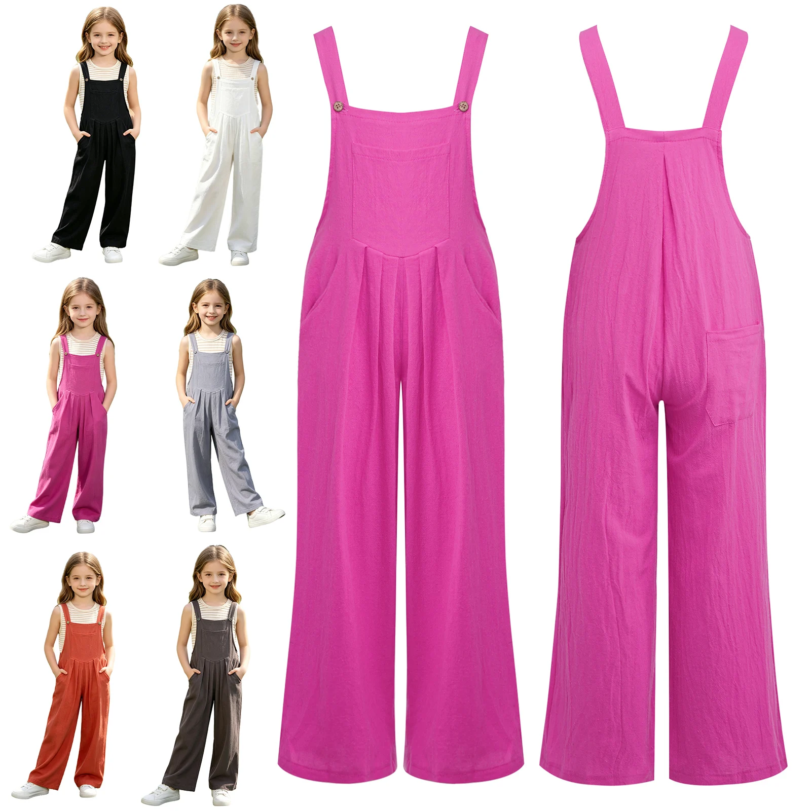 

Kid Sleeveless Wide-leg Jumpsuit with Pockets Children's Clothing Girls Loose Pleated Wide Shoulder Straps Overalls Casual Pants
