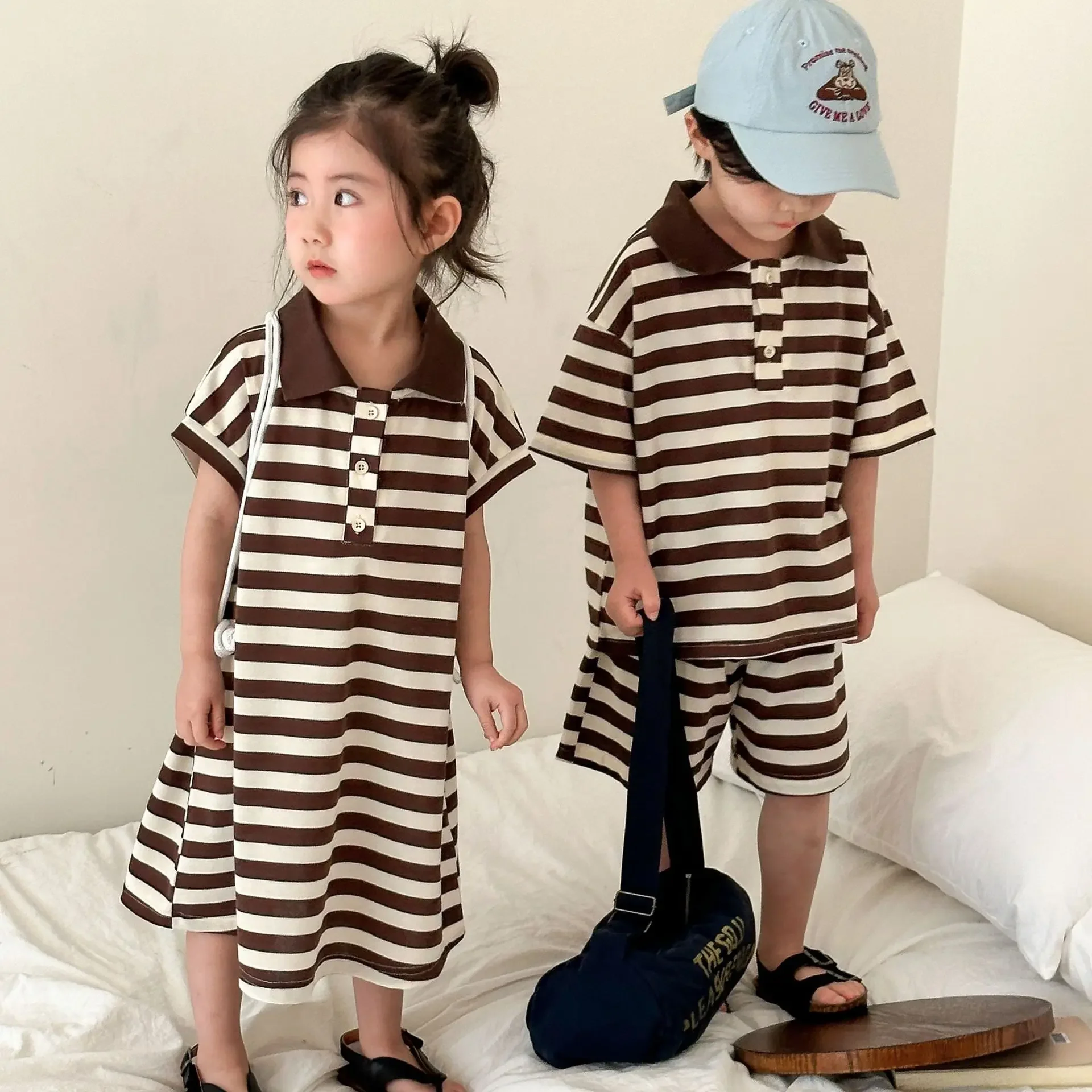 Children Clothing Kids Summer Suit Boys Sport Style 2024 New Fashionable Striped Set Girls Dress Brother and Sister Clothes