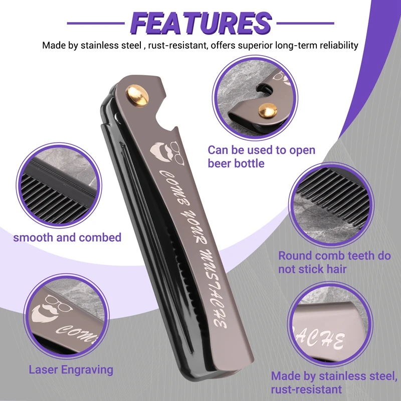 مشط جيب قابل للطي للرجال ، مشط لشعر اللحية وفك الأسنان ، مقبض معدني ، تمشيط قابل للطي ، مشط لشارب الوجه ، 1 ford