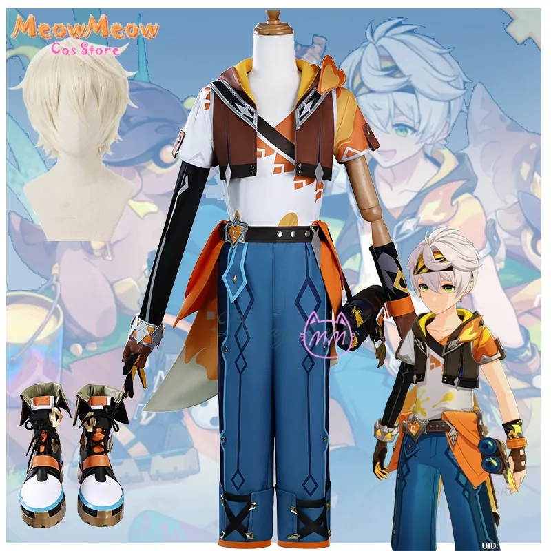 

Bennett Cosplay Costume Top & Pants Wig Shoes Accessories Game Genshin Impact Full Set Uniform Halloween Props Carnival Party
