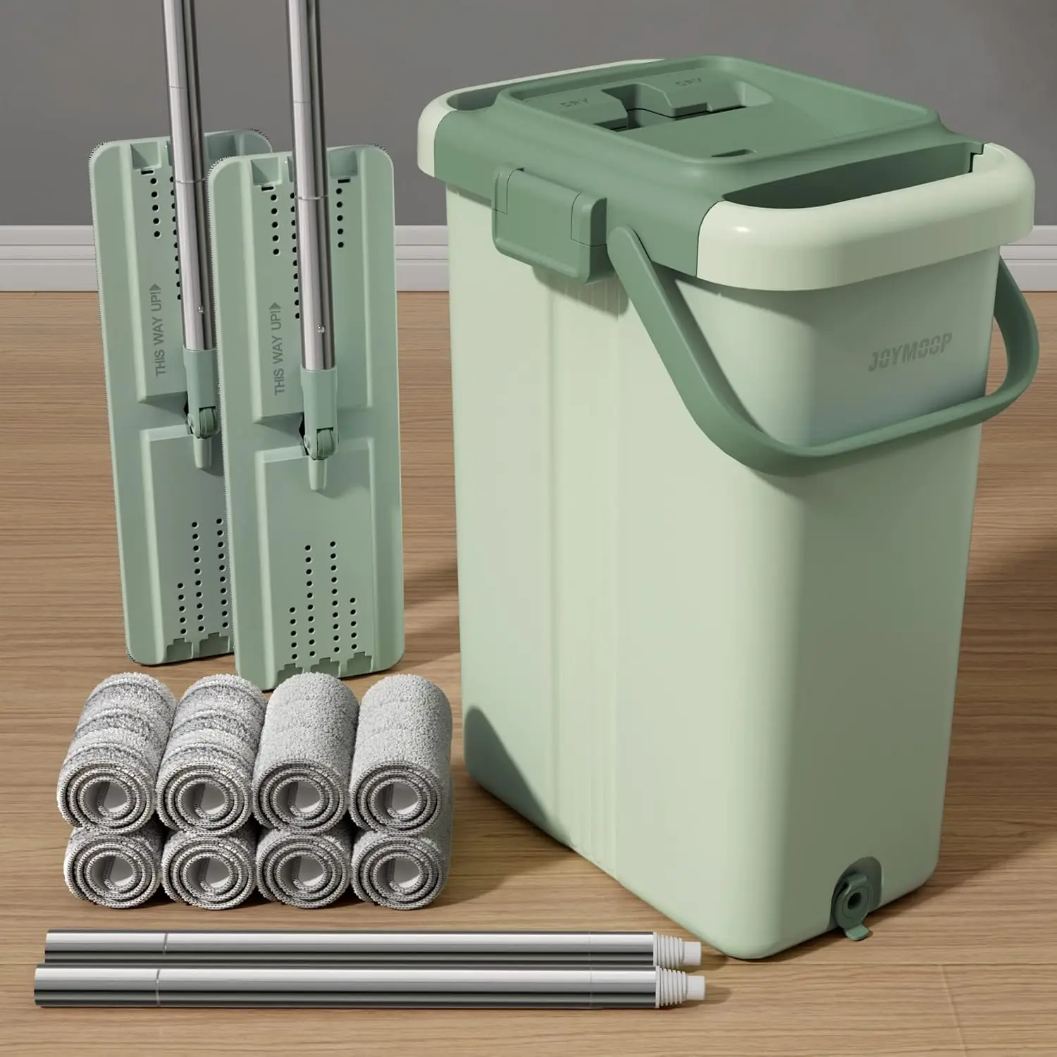 

Mop and Bucket Set for Household and Commercial Cleaning Flat Mop System with 2 Mops and 8 Large Microfiber Pads for Floors