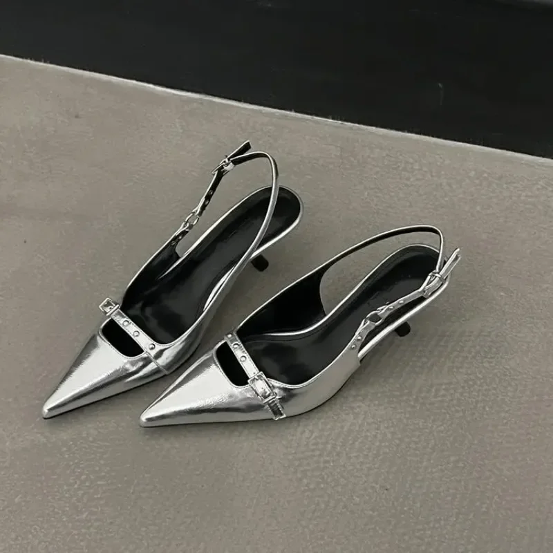 Fashion Slingback Sandals Women Med Heels Pumps Rivet Shoes Elegant Pointed Toe Female Mules Dress Slides Denim Sandalias