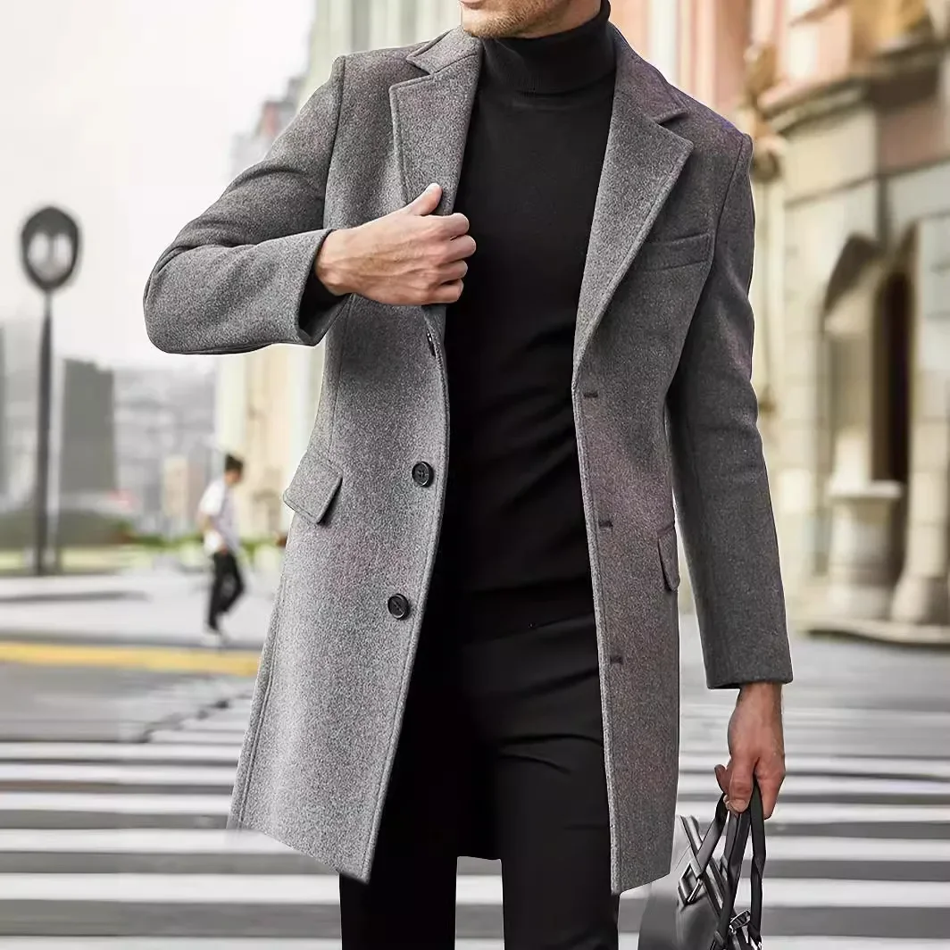 Korean version Men's Black Grey Solid Color Simple Basic Casual Trendy Single-breasted Turn-down Collar Wool Coats Male Clothes