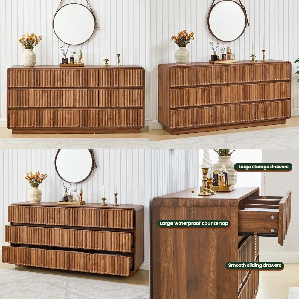 60 Wide Wooden Chest for Bedroom Storage, Curved Drawers & TV Stand in Walnut Finish