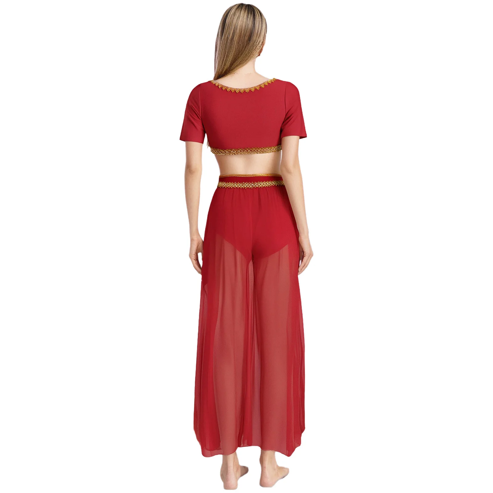 Arab Princess Belly Dancing Outfit Set Women Short Sleeve Crop Top And Flowy Long Skirt for Halloween Cosplay And Stage Show