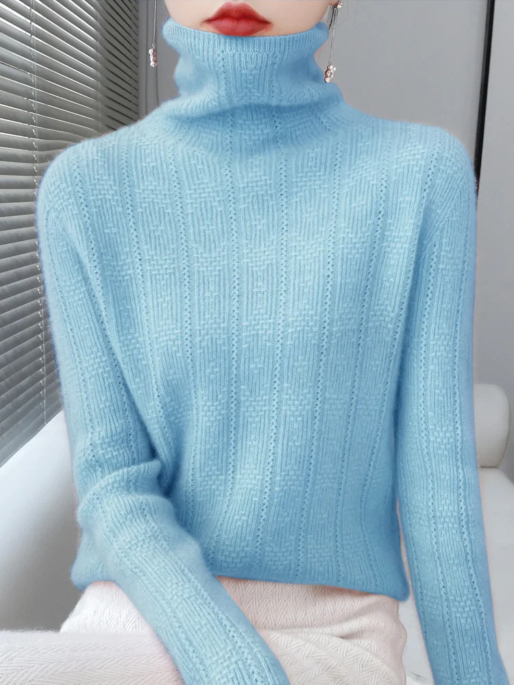 Autumn Winter Women Turtleneck Sweater 100% Merino Wool Hollow Long Sleeve Cashmere Knitwear Female Basic Jumper Korean Fashion