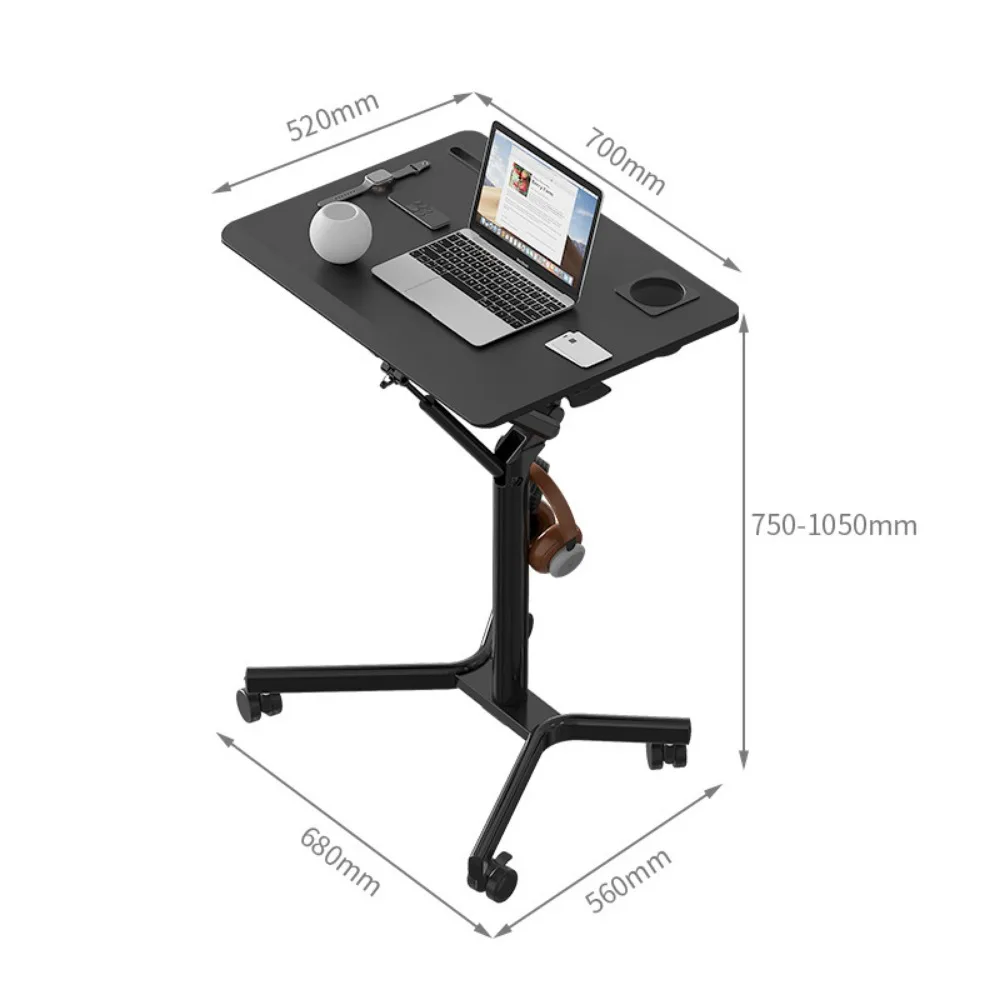 Mesa móvel de altura ajustável com mola a gás, alcance de 75-105 cm, mesa de 700x520 mm, slots para copos/canetas, para uso em escritório e conferências