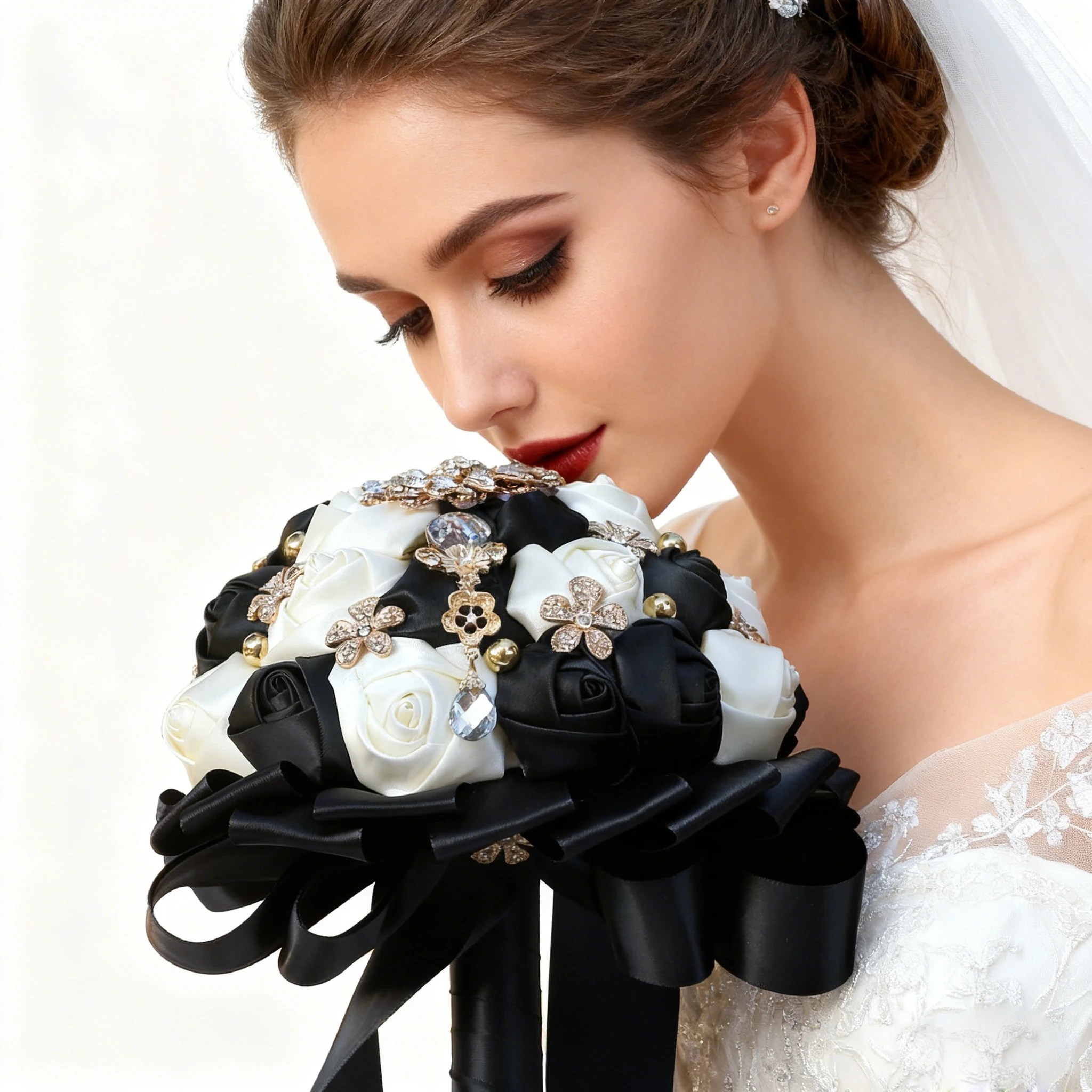 

Black Bridal And Bridesmaid Bouquets Exquisite Rhinestones Silk Roses And Pearls Handmade Sisters Wedding Bouquets