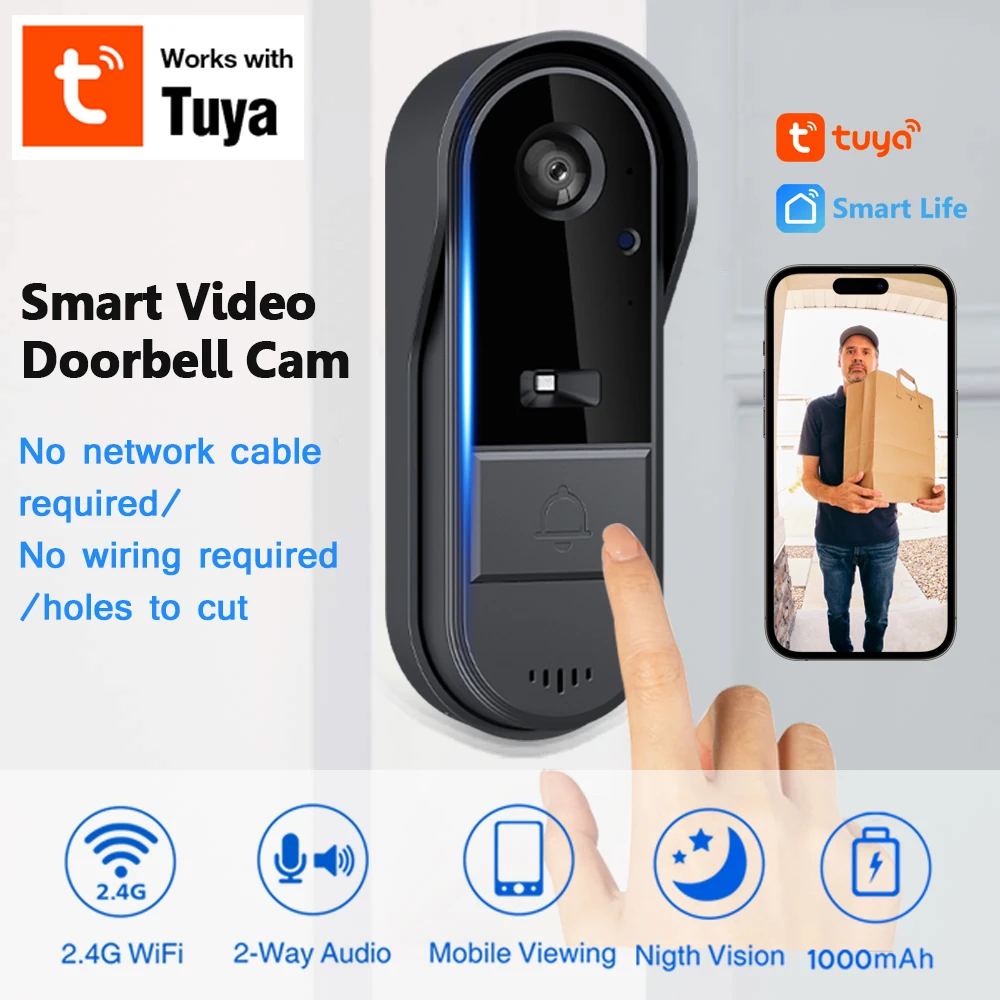 Campainha sem fio inteligente - Câmera de campainha wi-fi, visão noturna, conversor de som, foto e vídeo, áudio bidirecional, cartão SD