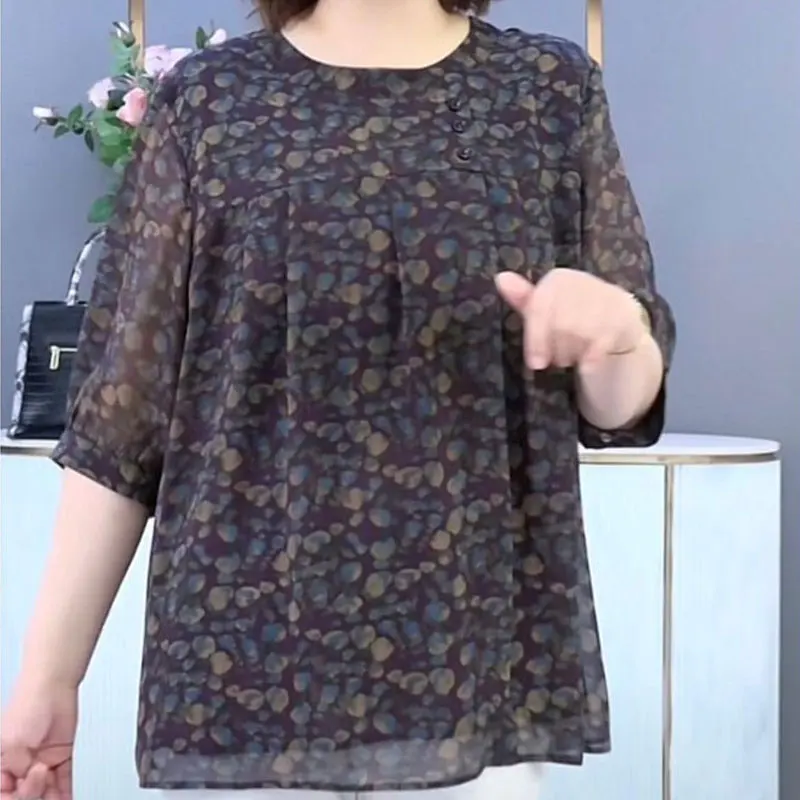 Sommer dünne lässige halbe Ärmel Bluse weibliche Kleidung Vintage gebrochene Blumen lose pendeln gespleißt Prärie Chic Rundhals-Shirt