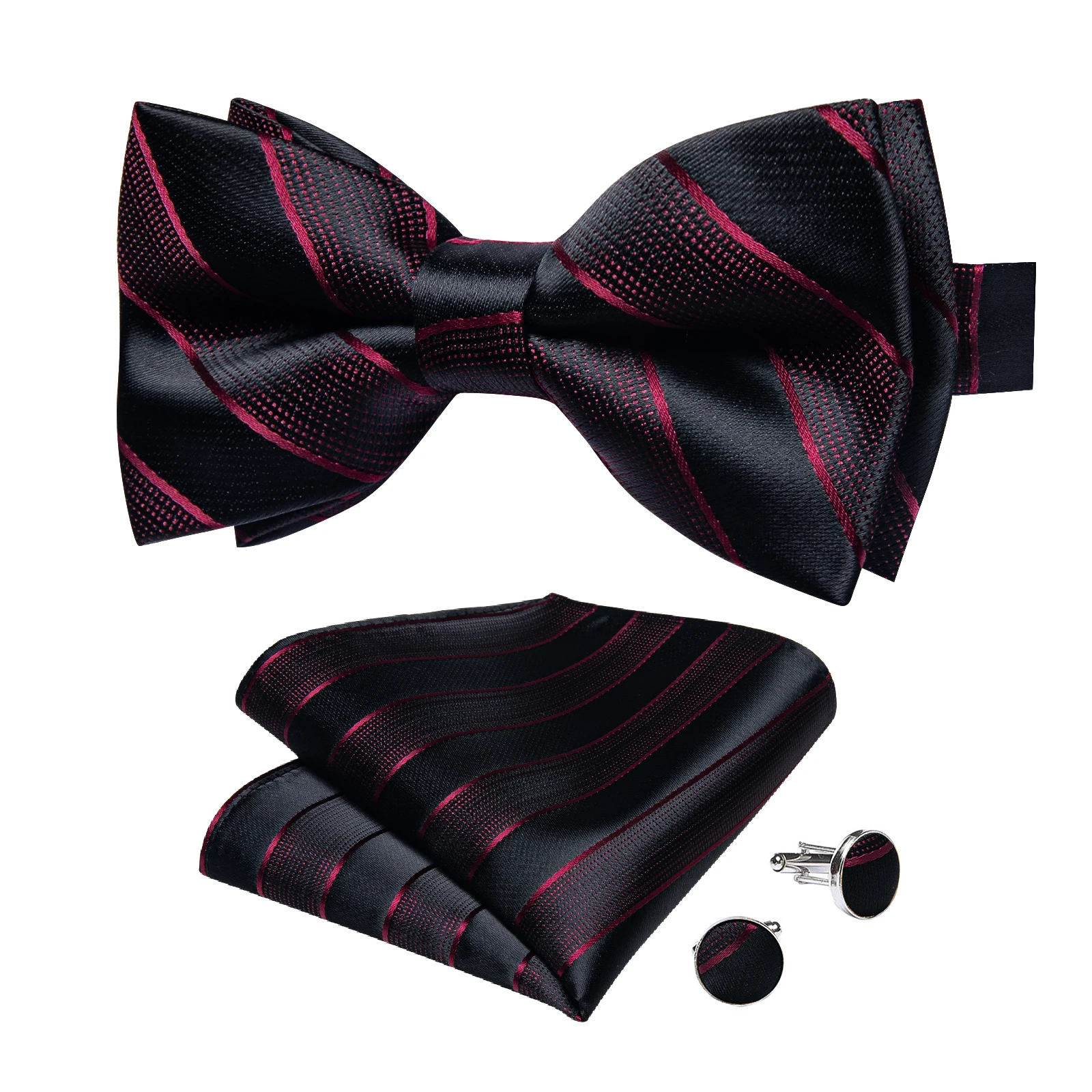Klassisches schwarzes Herren-Fliege-Set mit Einstecktuch und Manschettenknöpfen – Paisley Gold Vorgebundene Fliege – Detail 35