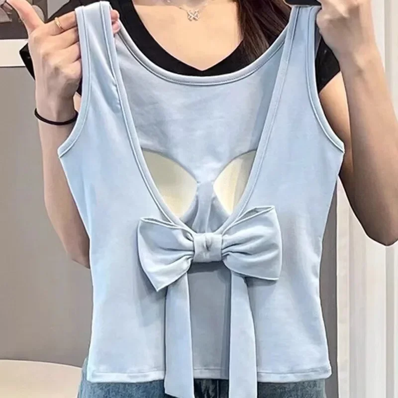 

Tops Women Sleevelesss Korean Tees Bow Backless Vest with Padded Solid Outwear Tank Top Skinny Camis Girls Hipster Street Vests