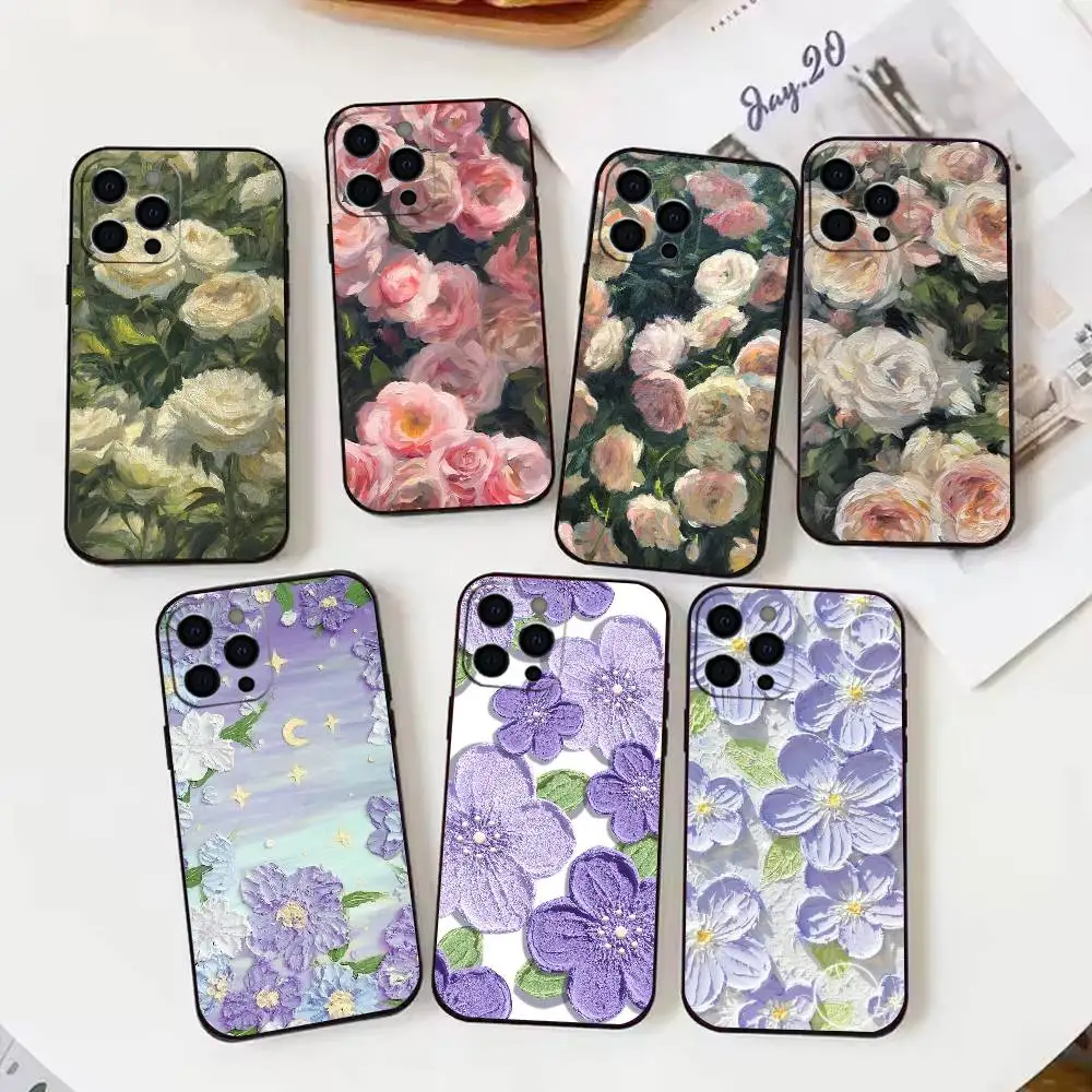 

Oil Painting Flower Phone Case For iPhone 17,16,15,14,13,12,11 X XR Plus,Soft Silicone Black Cover