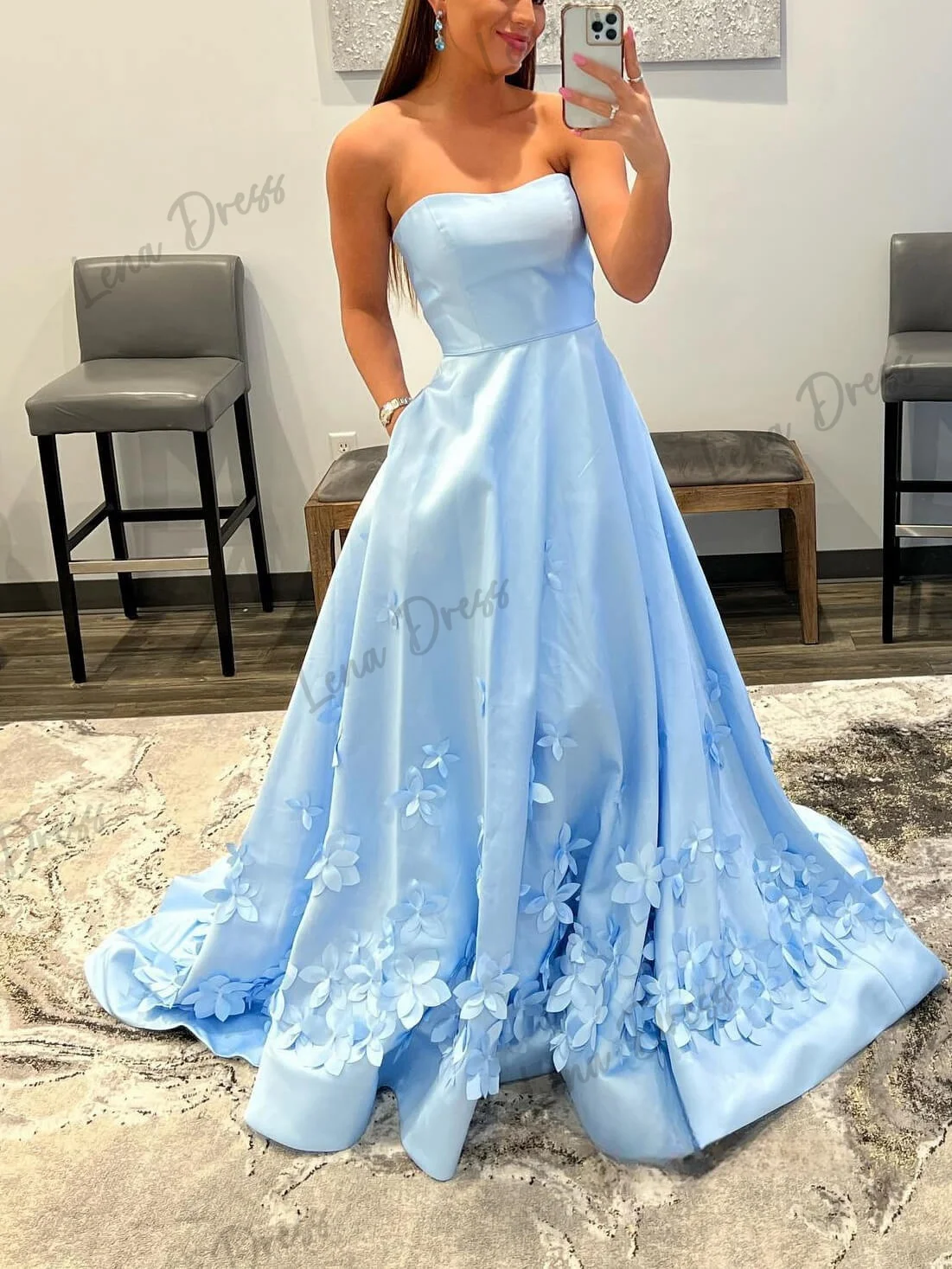 Lena Woman Party Dress Sets Light Blue Satin Long Sleeve Dresses for Formal Occasions Line A 3D Printing Strapless Elegant Gowns