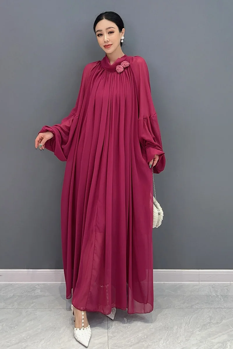 Elegant Vintage O Neck Wine Red Tie Flowers Folds Loose Long Dresses For Women Summer New Fashion Long Sleeve Dress Wholesale