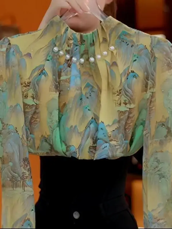 

Elegant Digital Green Long Sleeve Shirt Women's Fashionable Pearl Embellished Stand Collar Top Ageless Versatile Casual Style