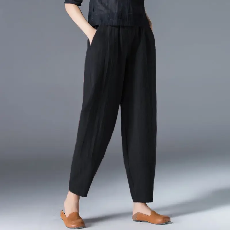 Cotton Wide Leg Pants Female Loose Oversized Solid Color Harem Summer Casual Elastic Waist Ankle-length Pants Women Clothing