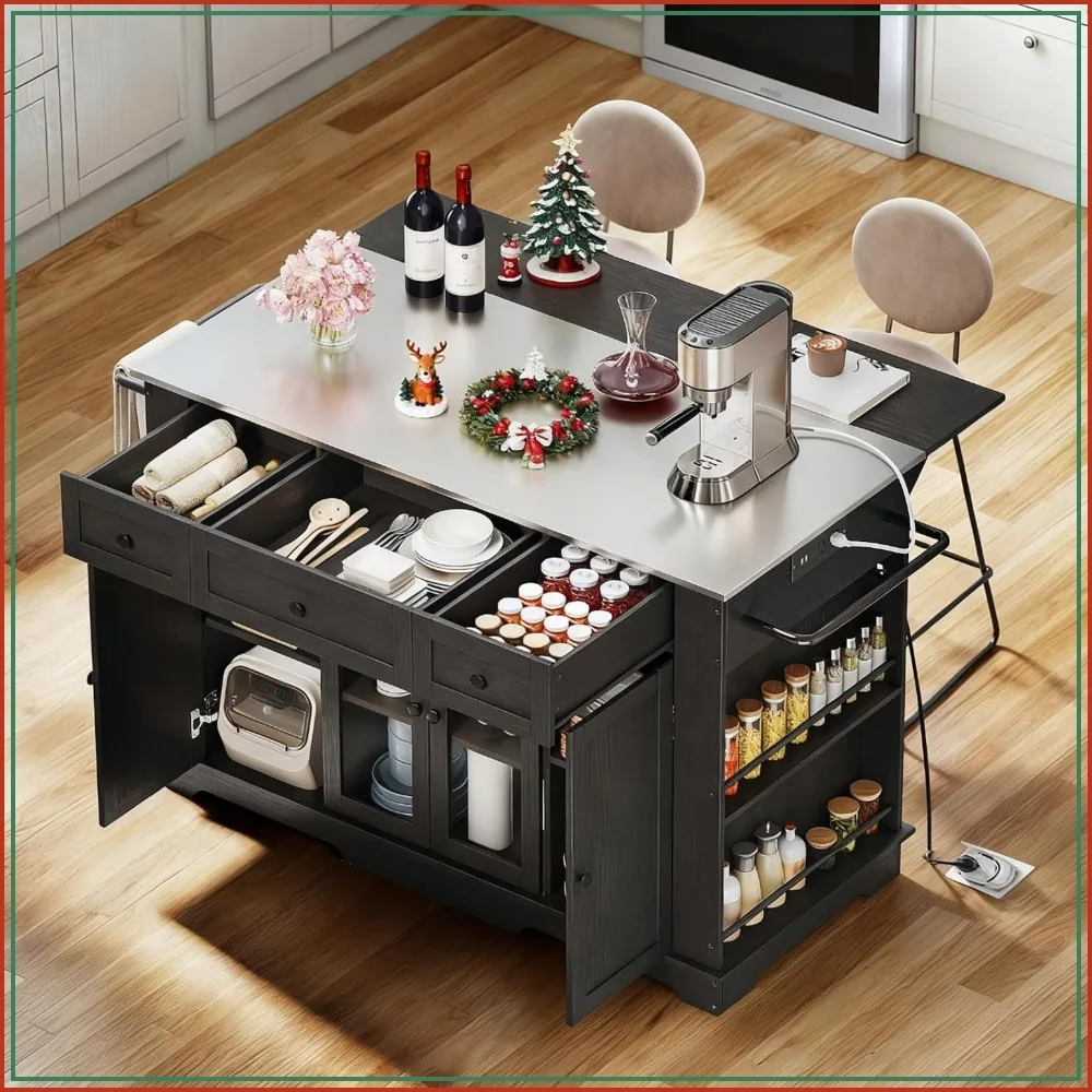 Kitchen Island with Stainless Steel Top, Drop Leaf, Bar Seating, Power Outlet