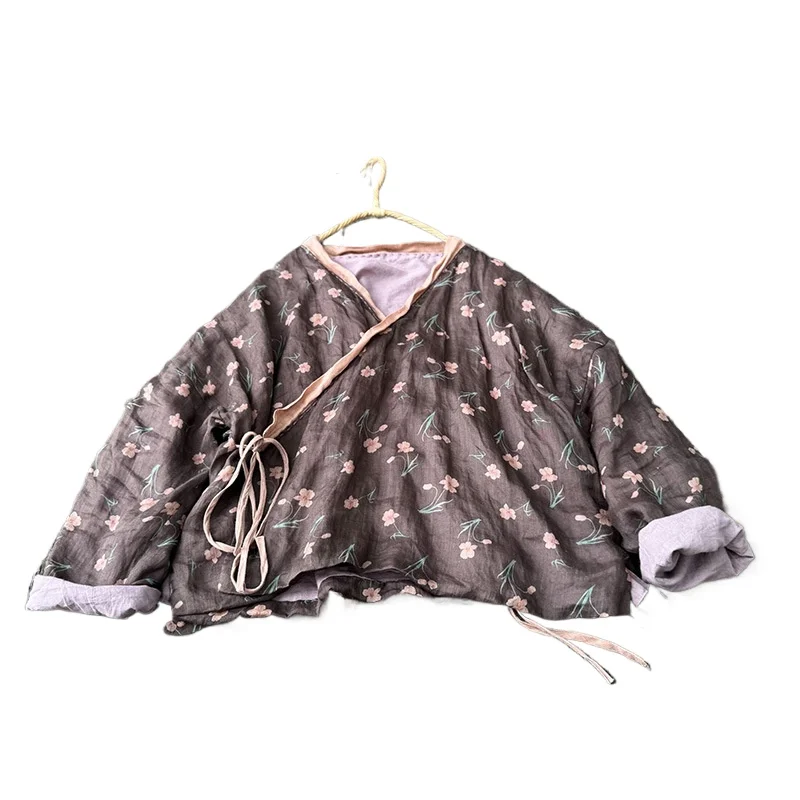 

Printed Ramie Women's Cardigan Double Layer Cotton V-Neck Lace Up Outwear Full Sleeve 2025 Autumn Winter Lady All-match Jackets