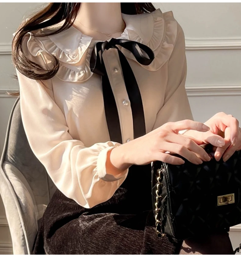 New Long Sleeve Bow Doll Collar Women Shirt Chiffon Shirt Blouse Women Tops Blouses Shirts Blusas Para Mujer Camisas 2024 M115