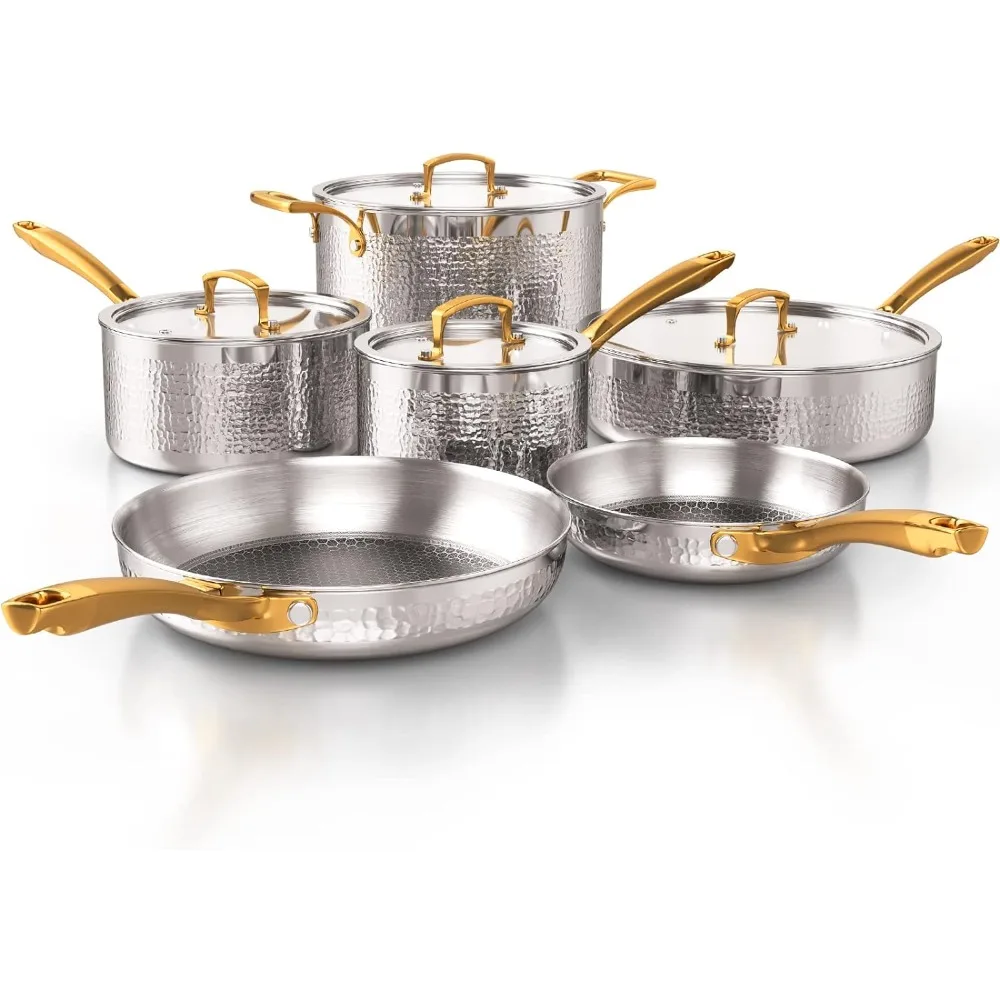 

Pots and Pans Set, Tri-Ply Stainless Steel Hammered Kitchen Cookware, Induction Compatible, Dishwasher and Oven Safe