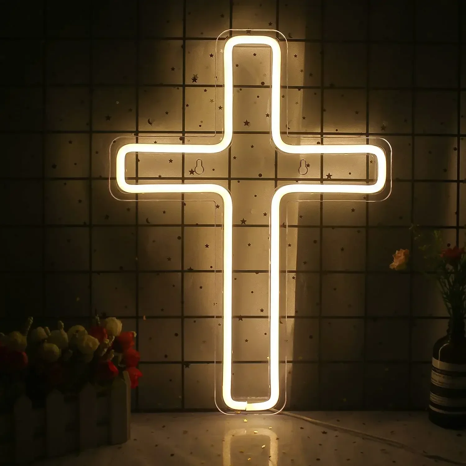 USB Powered Bible Neon Lights Cross Sign for Kids Robots Children's Room Decorative LED Backdrop Wall Decoration Wedding Party