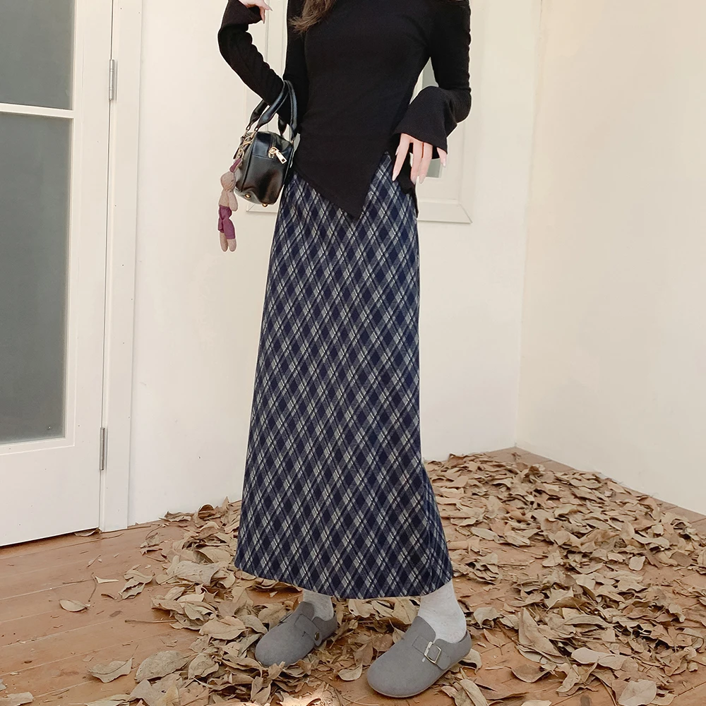 موضة جديدة منقوشة ميدي تنورة للنساء الخريف الشتاء المتخصصة تصميم البريد مستقيم تنورة عادية مكتب سيدة التنانير الطويلة