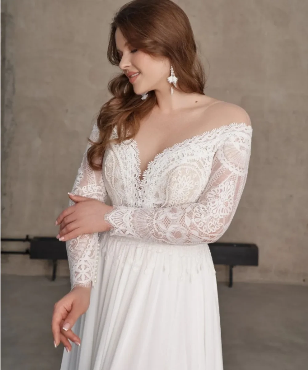 Elegant Bohemian Wedding Dress Lace Beach Bridal Gowns Long Sleeves Illusion Side Split Chiffon Vestido De Novia Customized