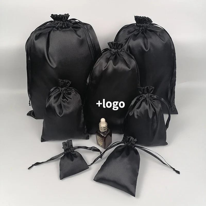 

Luxury Black Silk Satin Jewelry Bag Wedding/Gift/Makeup/Storage/Shoes/Hair/Dust/Wigs Packaging Bags Custom Logo Print 20p/lot
