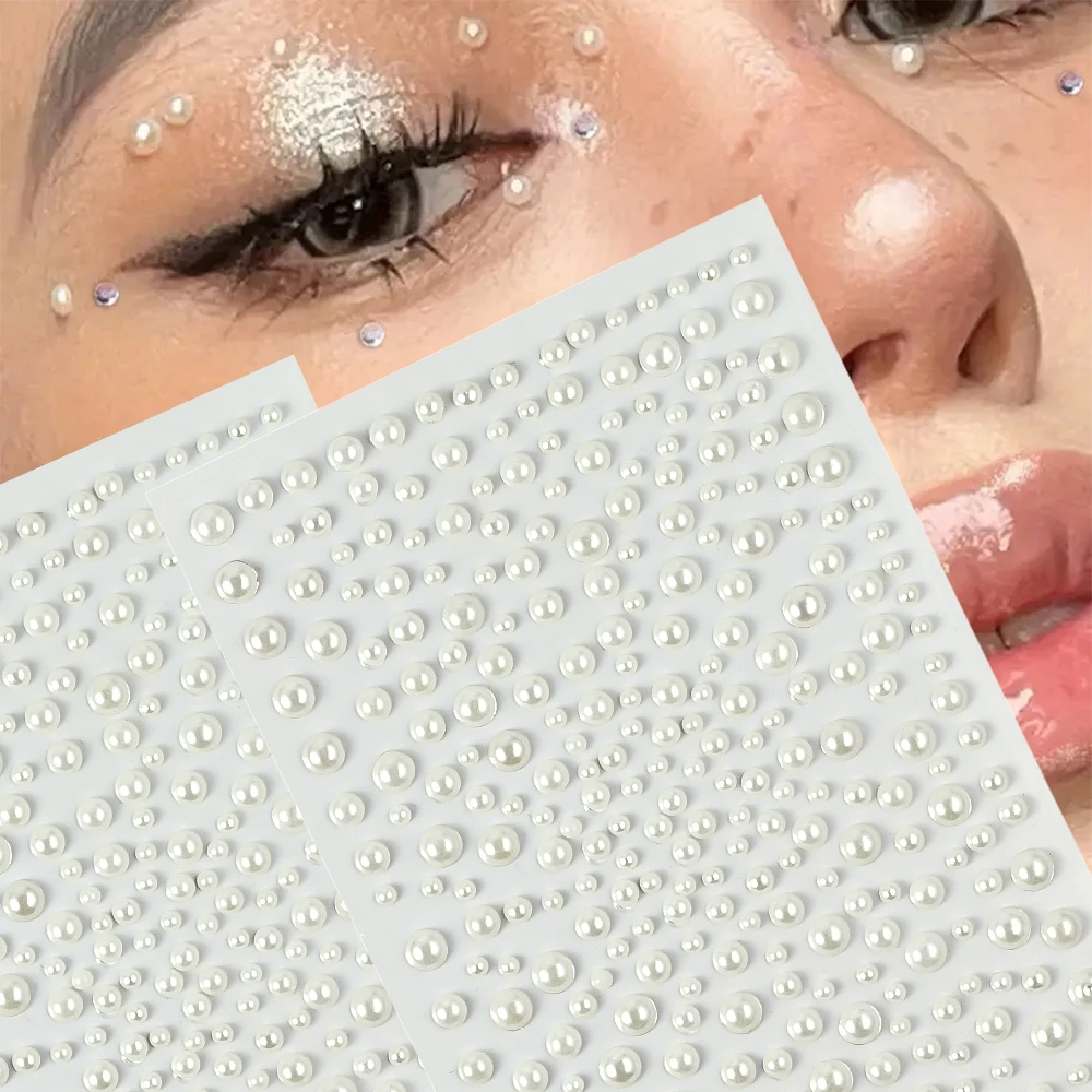 

1Sheet 3D Pearl Rhinestones Face Temporary Tattoos Self Adhesive White Pearl Jewels Face Stickers Festival Body Hair Decorations