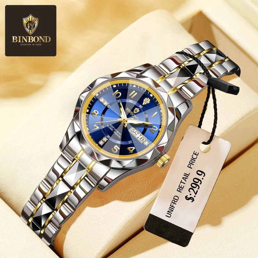 BINBOND 6632L الفاخرة الصلب قطاع كوارتز ساعة نسائية مقاوم للماء مضيئة التقويم الساعات للنساء Relogio Feminino Reloj Mujer